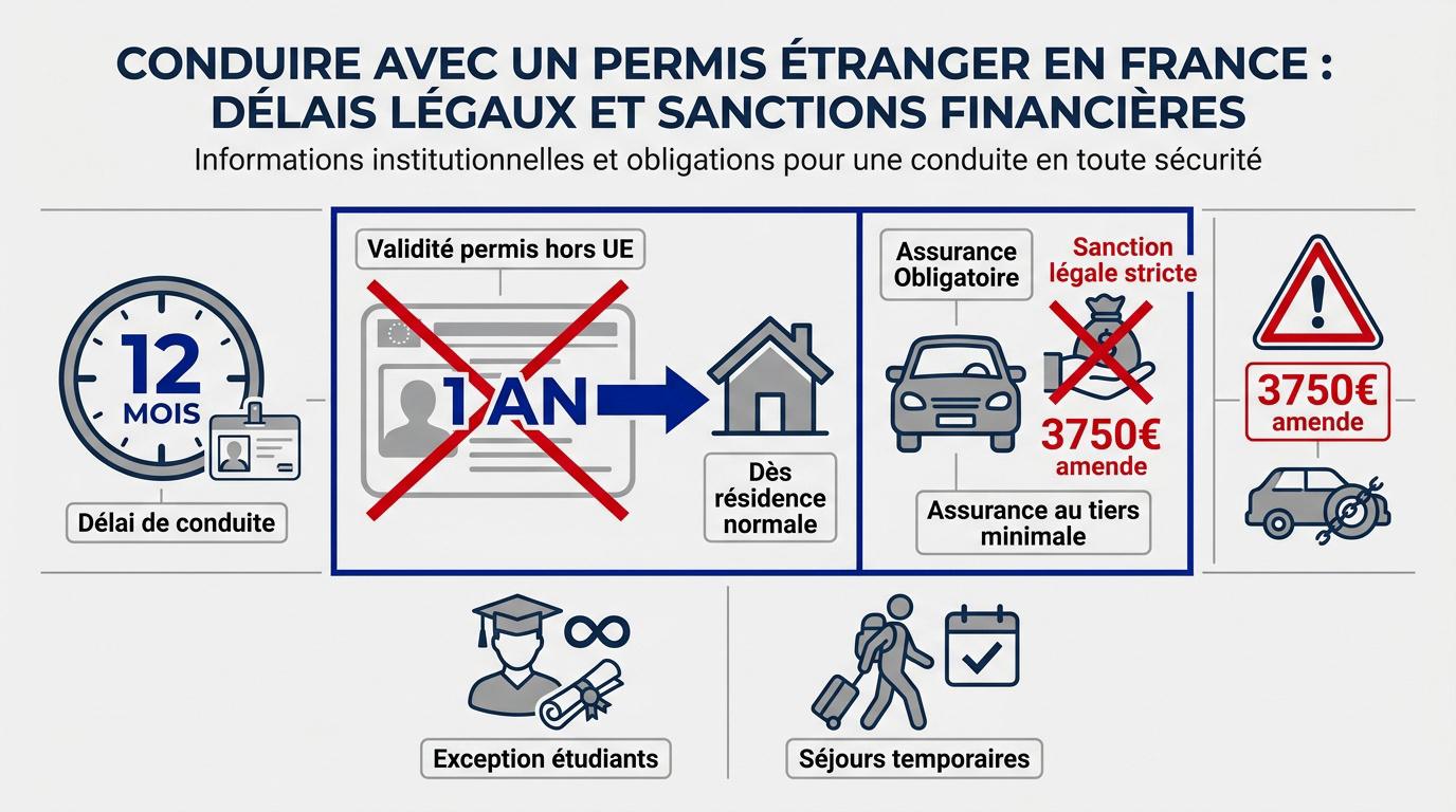 Infographie sur les délais de validité du permis étranger et les sanctions en France
