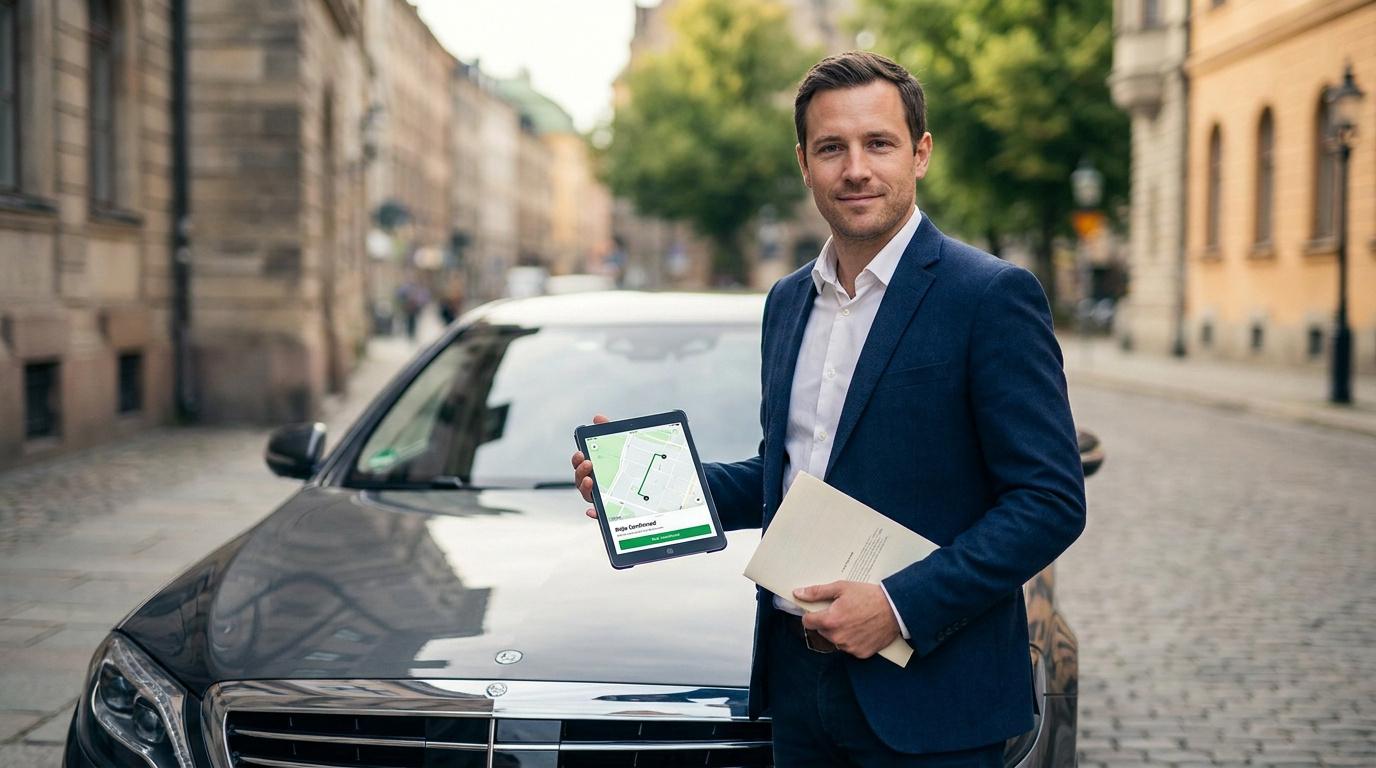 Un chauffeur VTC professionnel en costume présente une tablette numérique devant une voiture de luxe dans une rue.