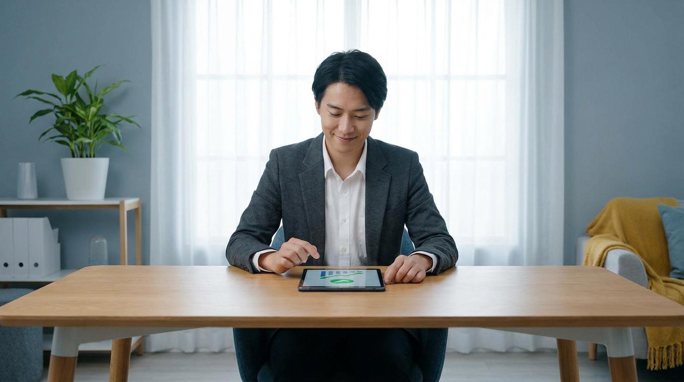 Un homme d'affaires souriant utilise une tablette avec un graphique positif pour gérer ses démarches administratives.