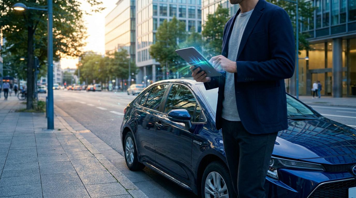 Chauffeur VTC utilisant une tablette numérique devant une Toyota Corolla bleue en ville au coucher du soleil.