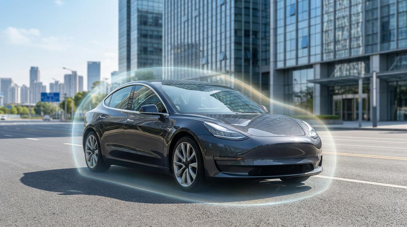 Une voiture électrique grise circulant en ville entourée d'une bulle de protection lumineuse symbolisant l'assurance.