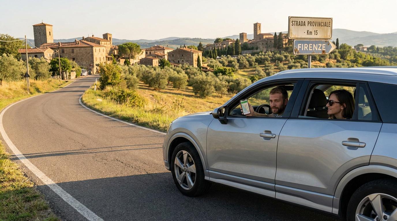 Un couple dans une voiture en Italie, vérifiant un itinéraire sur smartphone devant un village toscan.