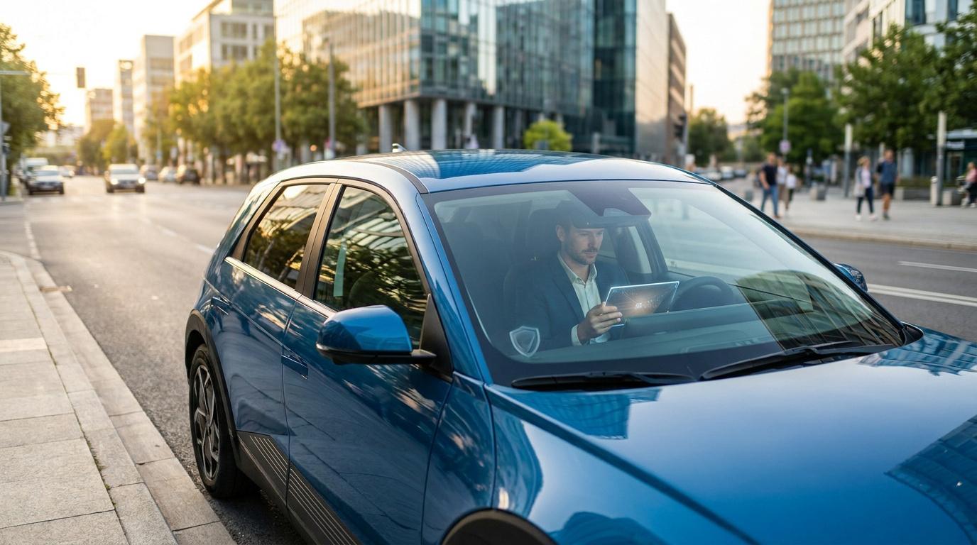 Un chauffeur VTC au volant de sa voiture électrique bleue, consultant sa tablette en ville au coucher du soleil.