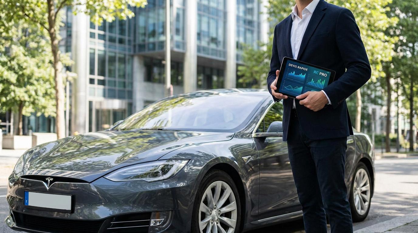 Homme en costume tenant une tablette numérique avec un devis d'assurance devant une voiture Tesla.