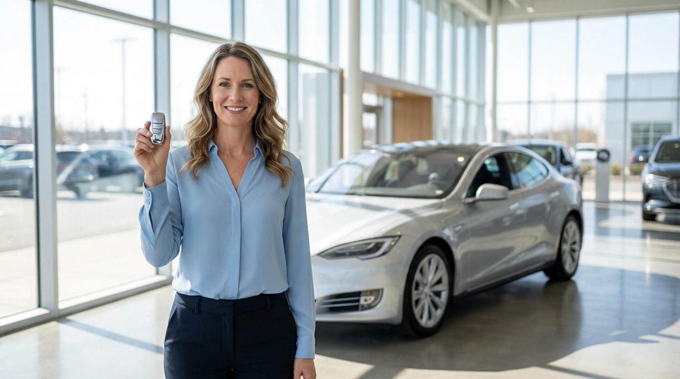 Une femme souriante tenant une clé de voiture dans une concession automobile lumineuse avec une Tesla en arrière-plan.