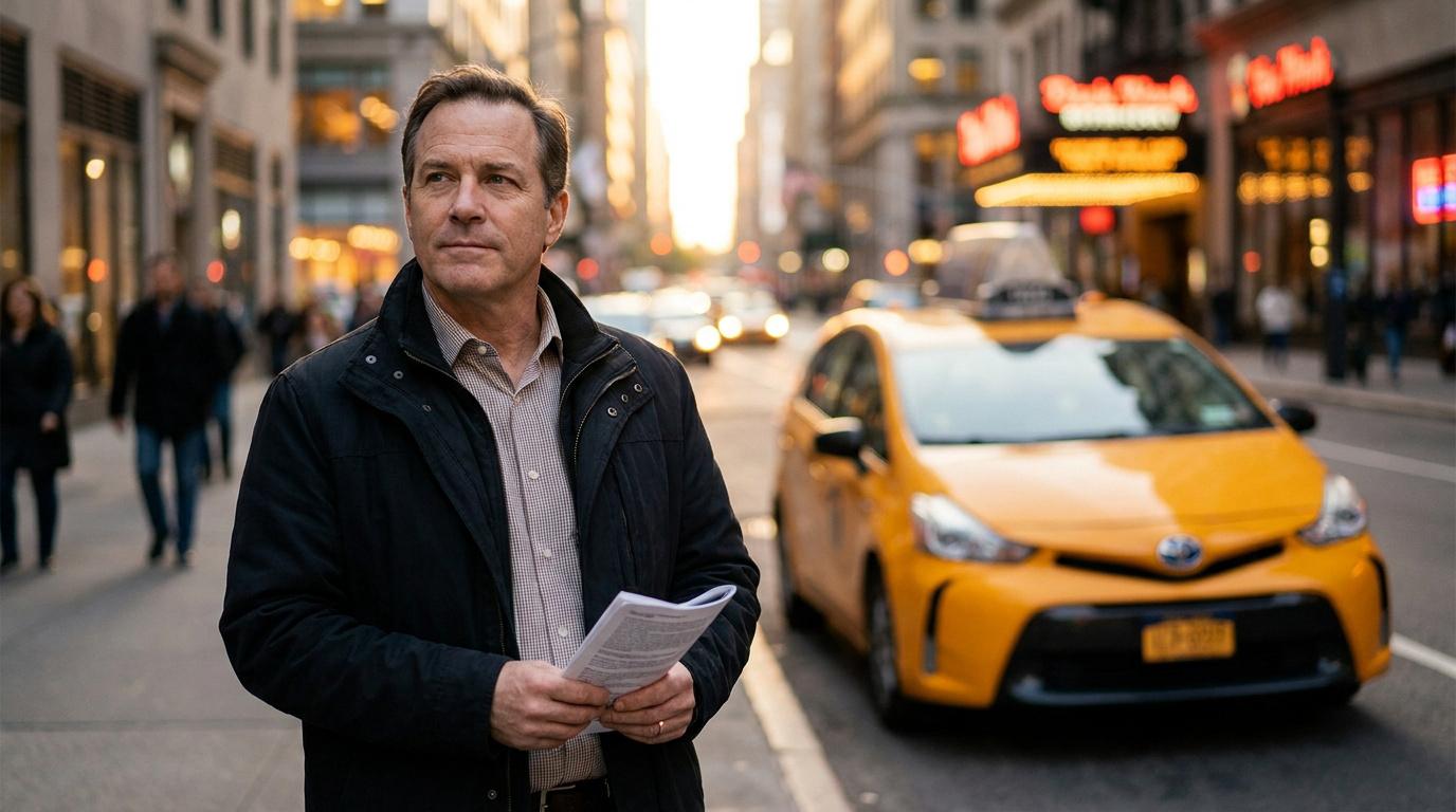 Un homme d'âge mûr tenant des documents dans une rue animée avec un taxi jaune en arrière-plan.