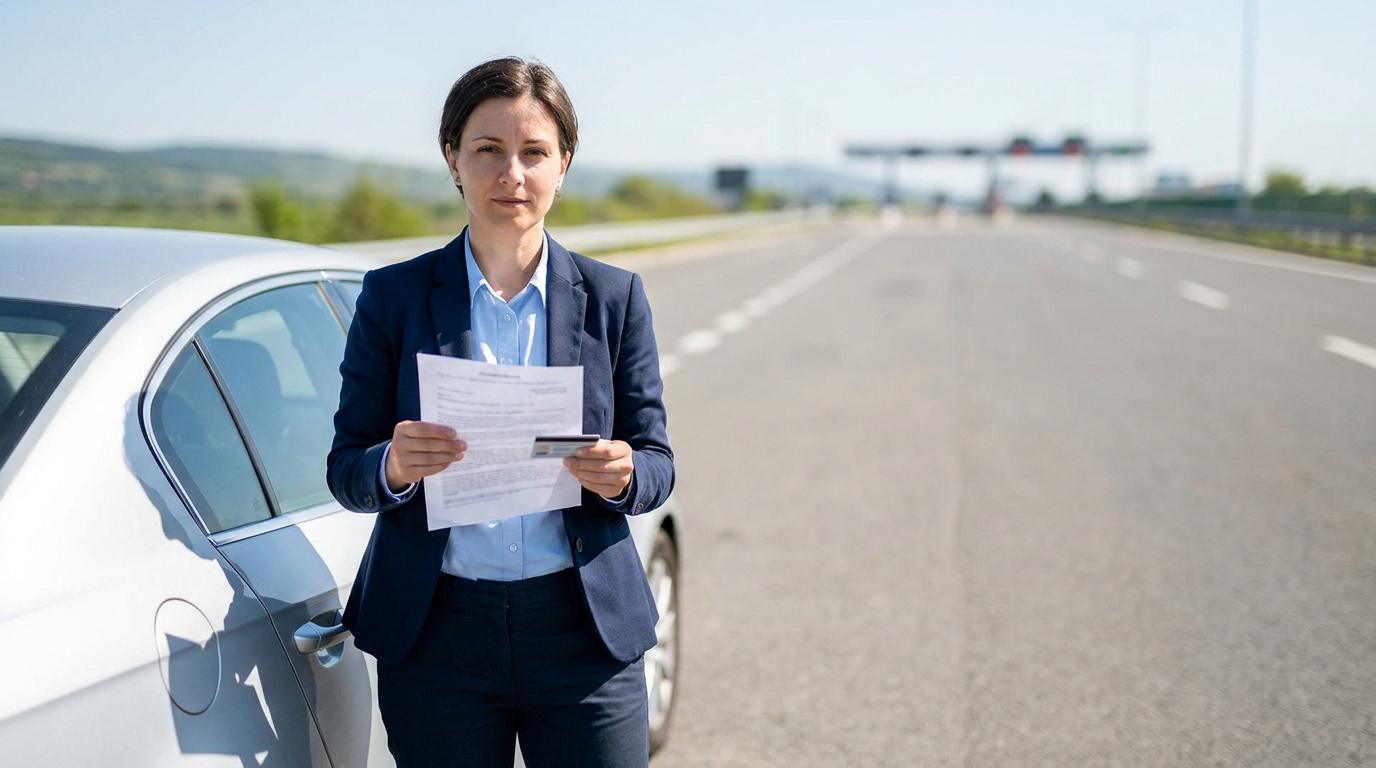 Une femme en tailleur tient des documents et une carte bancaire devant sa voiture sur une route près d'un péage.