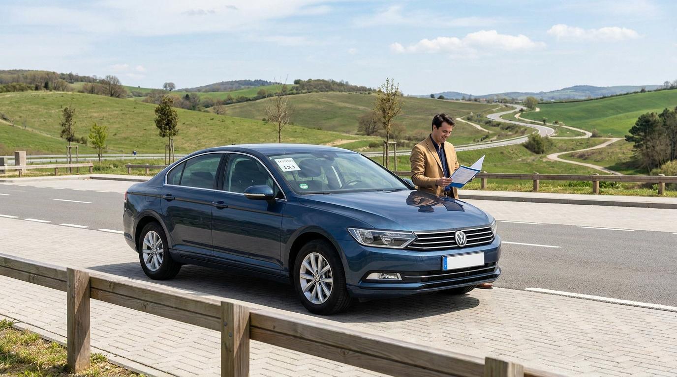 Un homme en veste beige examine des documents devant une Volkswagen bleue sur une route de campagne.