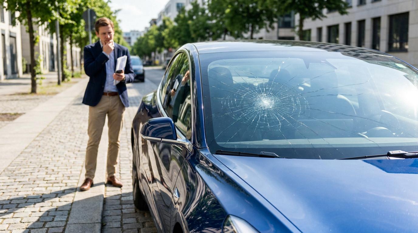 Un homme en costume inquiet regarde son pare-brise de voiture fissuré sur le côté d'une rue en ville.