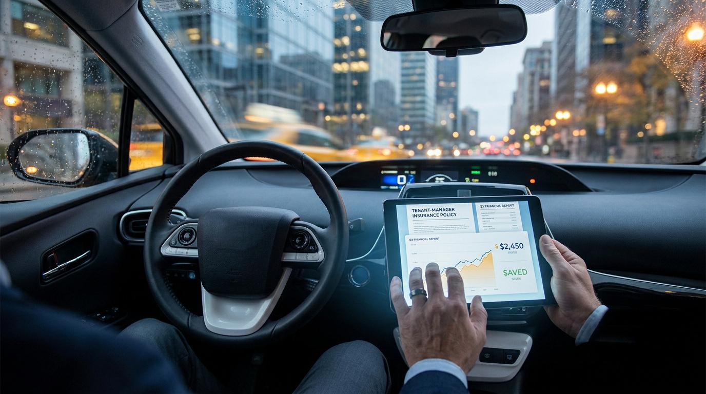 Conducteur utilisant une tablette dans une voiture pour consulter son contrat d'assurance taxi et ses statistiques.