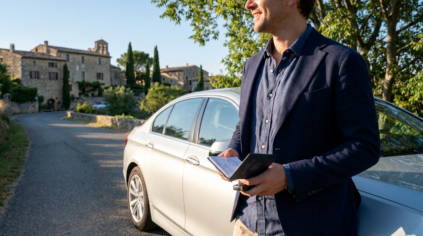 Un homme souriant debout devant sa voiture sur une route de campagne française en tenant son permis de conduire.