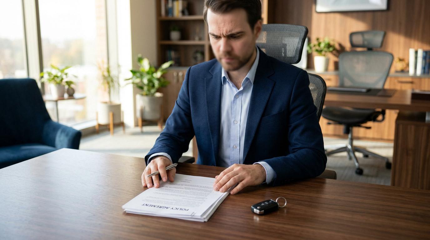 Un homme en costume assis à un bureau avec un contrat d'assurance et une clé de voiture.