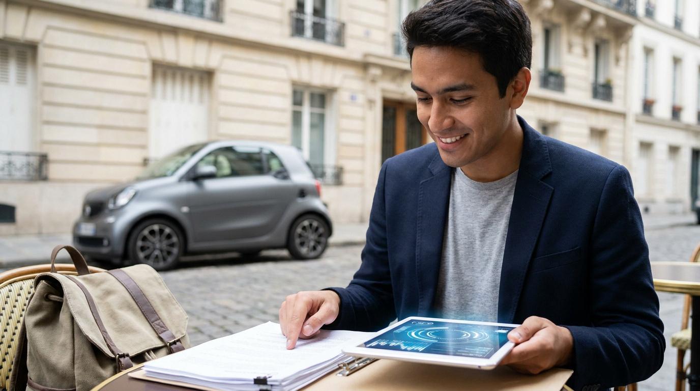 Un étudiant souriant consulte des documents et une tablette à la terrasse d'un café avec une voiture en arrière-plan.
