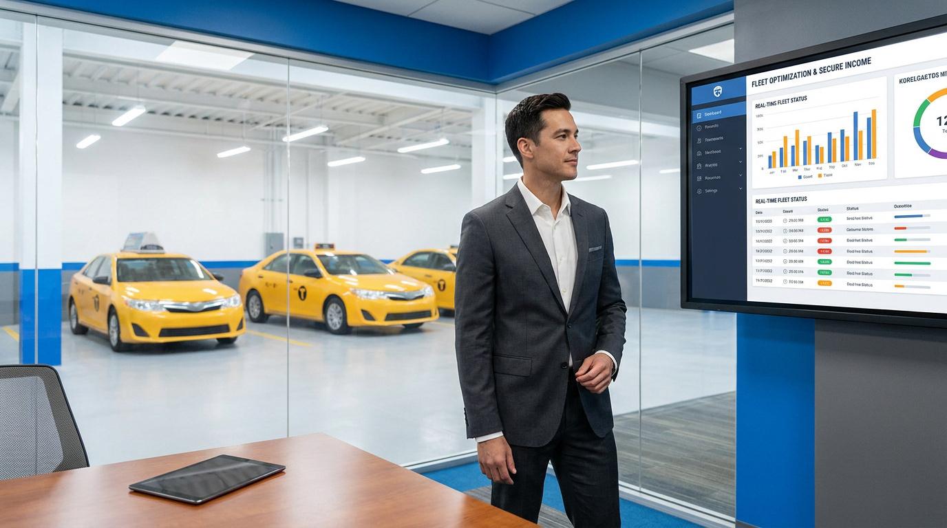 Un homme d'affaires regarde un écran affichant des données de flotte de taxis devant un garage avec des voitures jaunes.