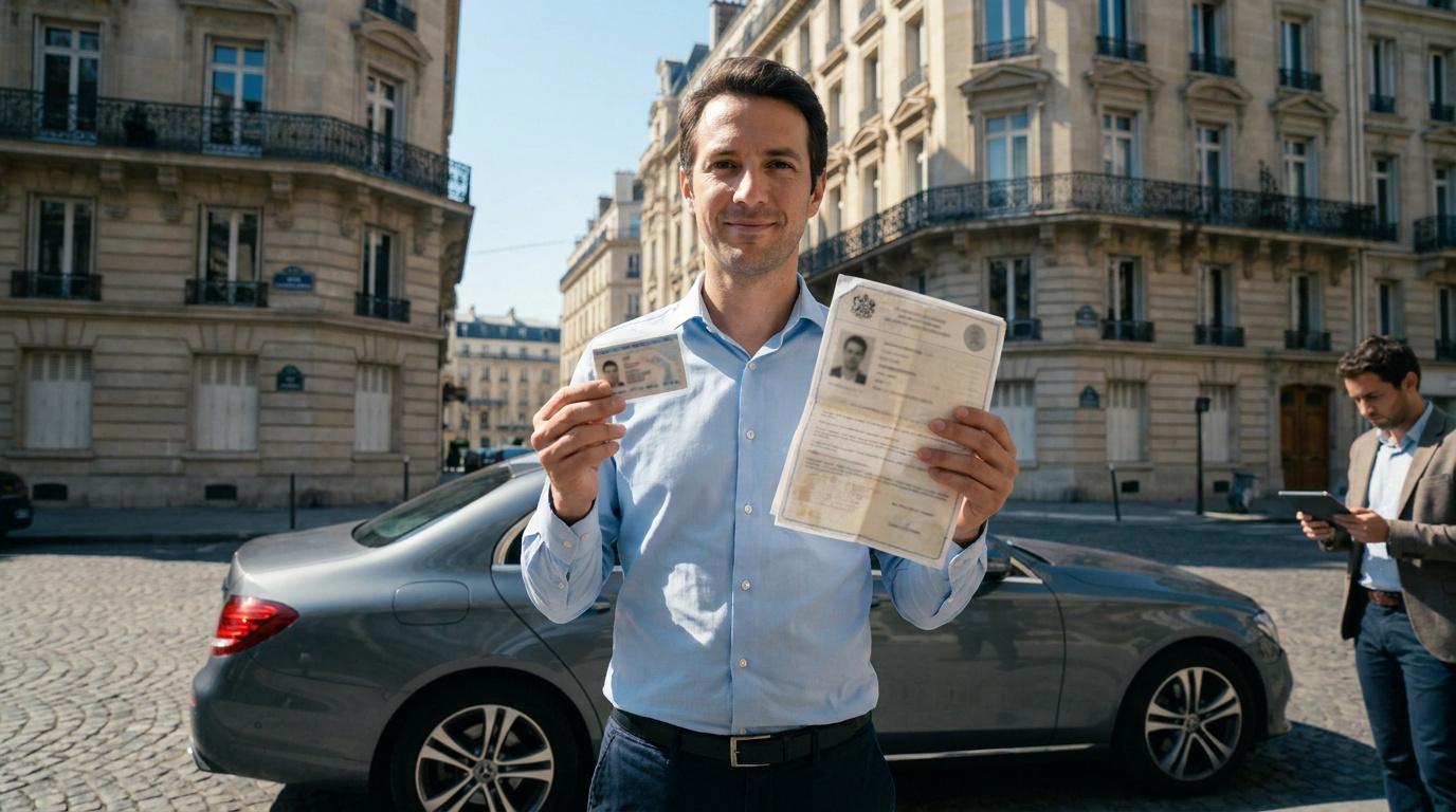 Un homme souriant à Paris présente son permis de conduire étranger et des documents administratifs devant sa voiture.