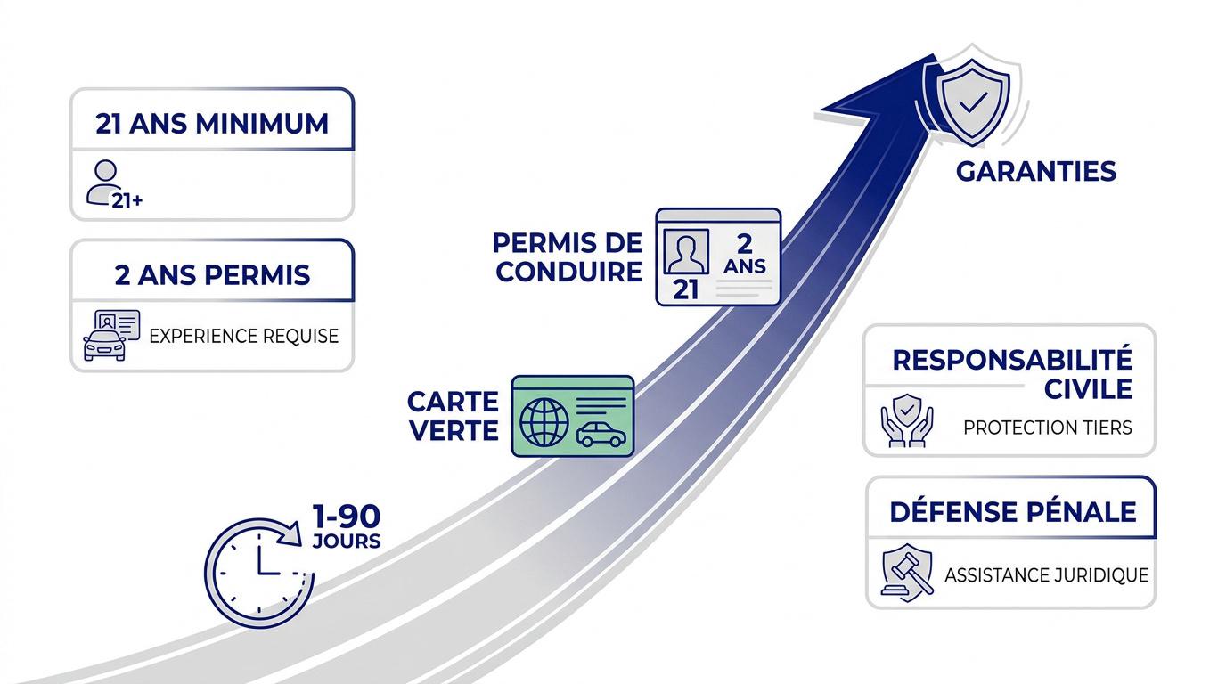 Infographie détaillant les conditions d'éligibilité et les garanties de l'assurance auto temporaire