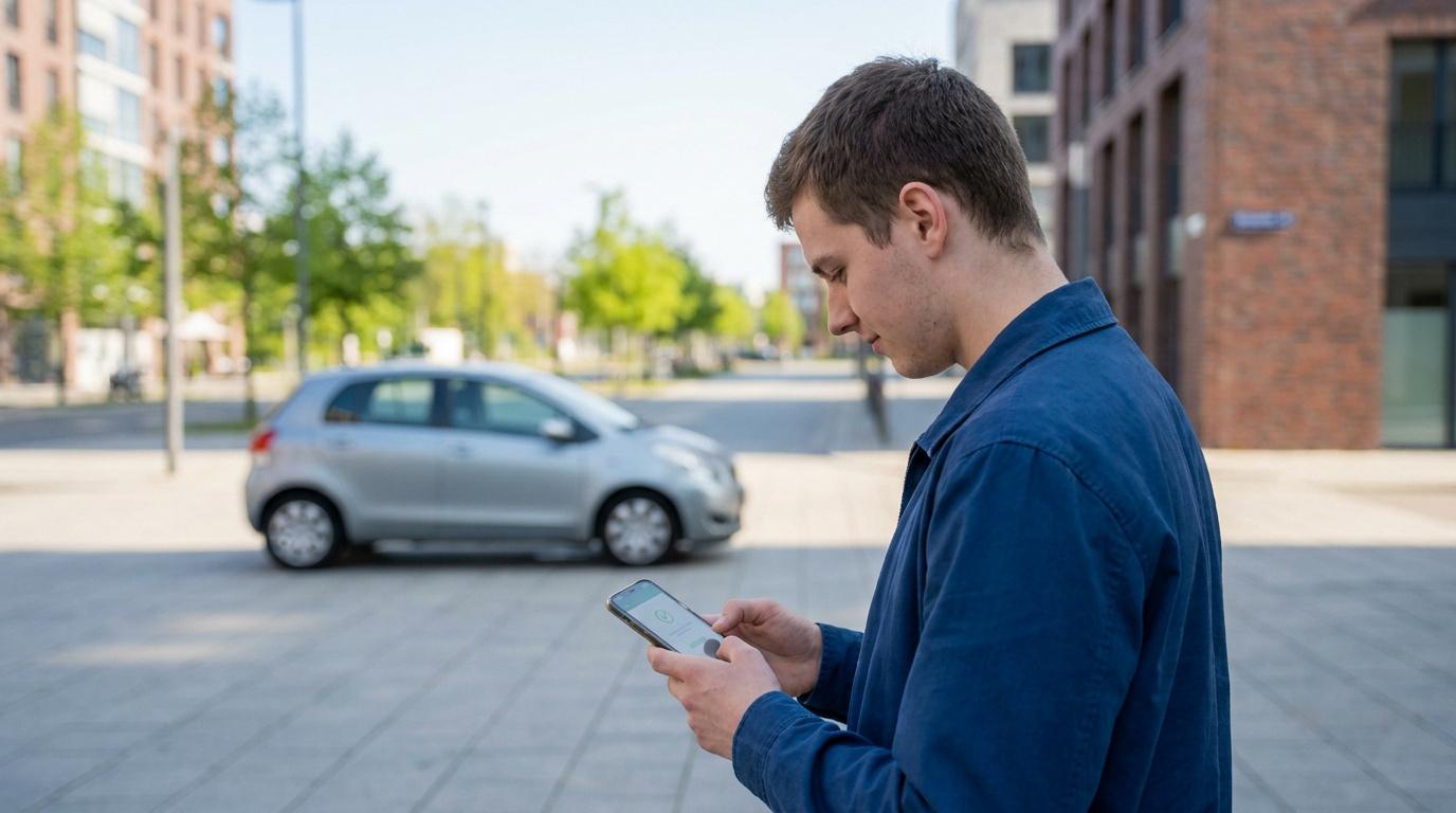 Un jeune homme utilisant son smartphone avec une coche de validation devant une voiture garée en ville.