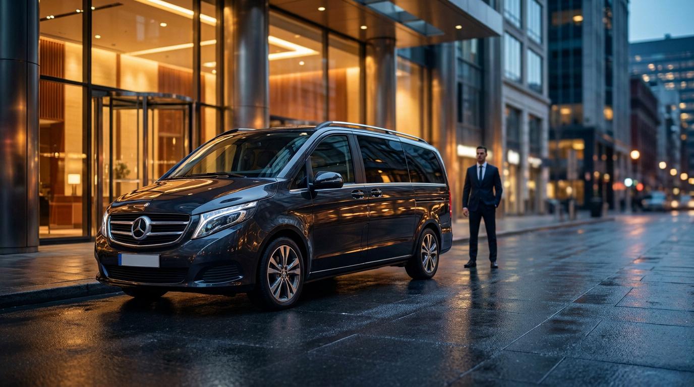 Un chauffeur VTC en costume se tient à côté d'une Mercedes Classe V noire devant un hôtel de luxe urbain.