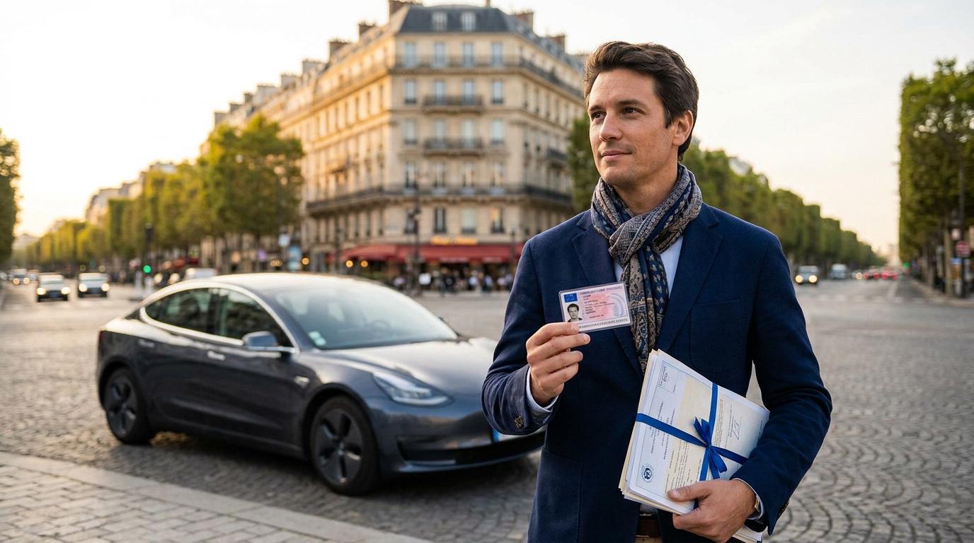 Un homme élégant montre son permis de conduire à Paris, avec une voiture en arrière-plan.