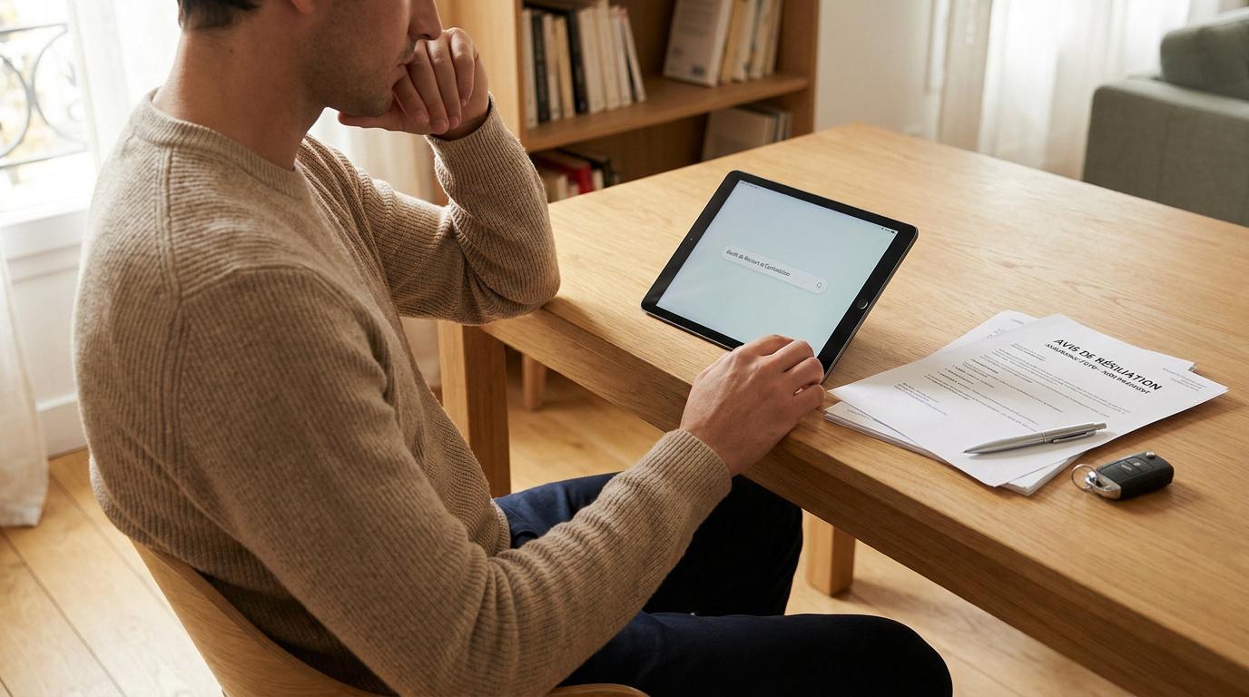 Un homme consulte une tablette avec un avis de résiliation posé sur une table en bois.