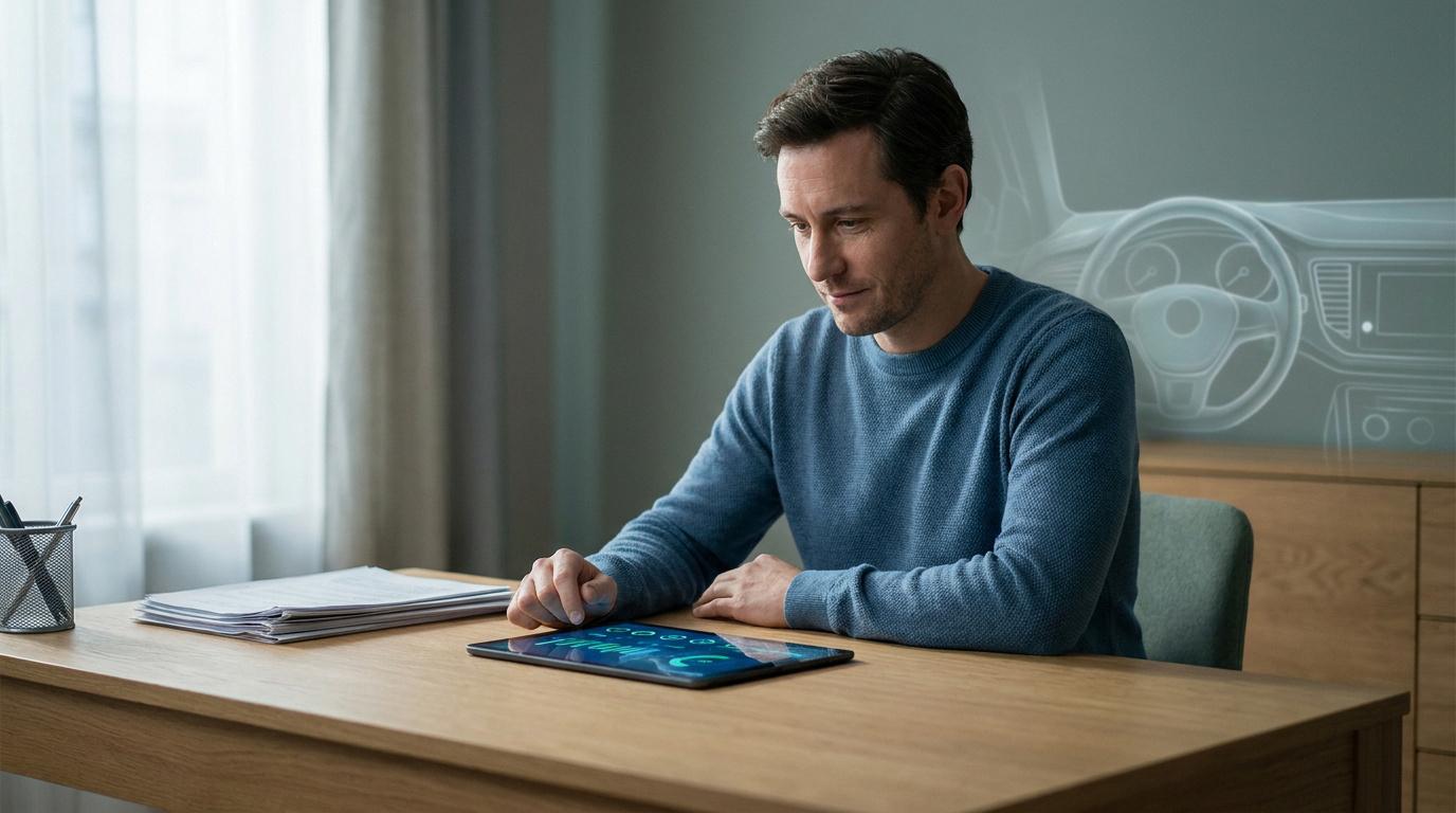 Un homme en pull bleu utilise une tablette affichant des données numériques avec une projection holographique d'un volant.