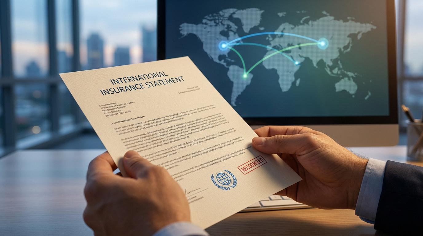 Mains tenant un document "International Insurance Statement" avec un cachet "Recognized" devant un écran affichant une carte.