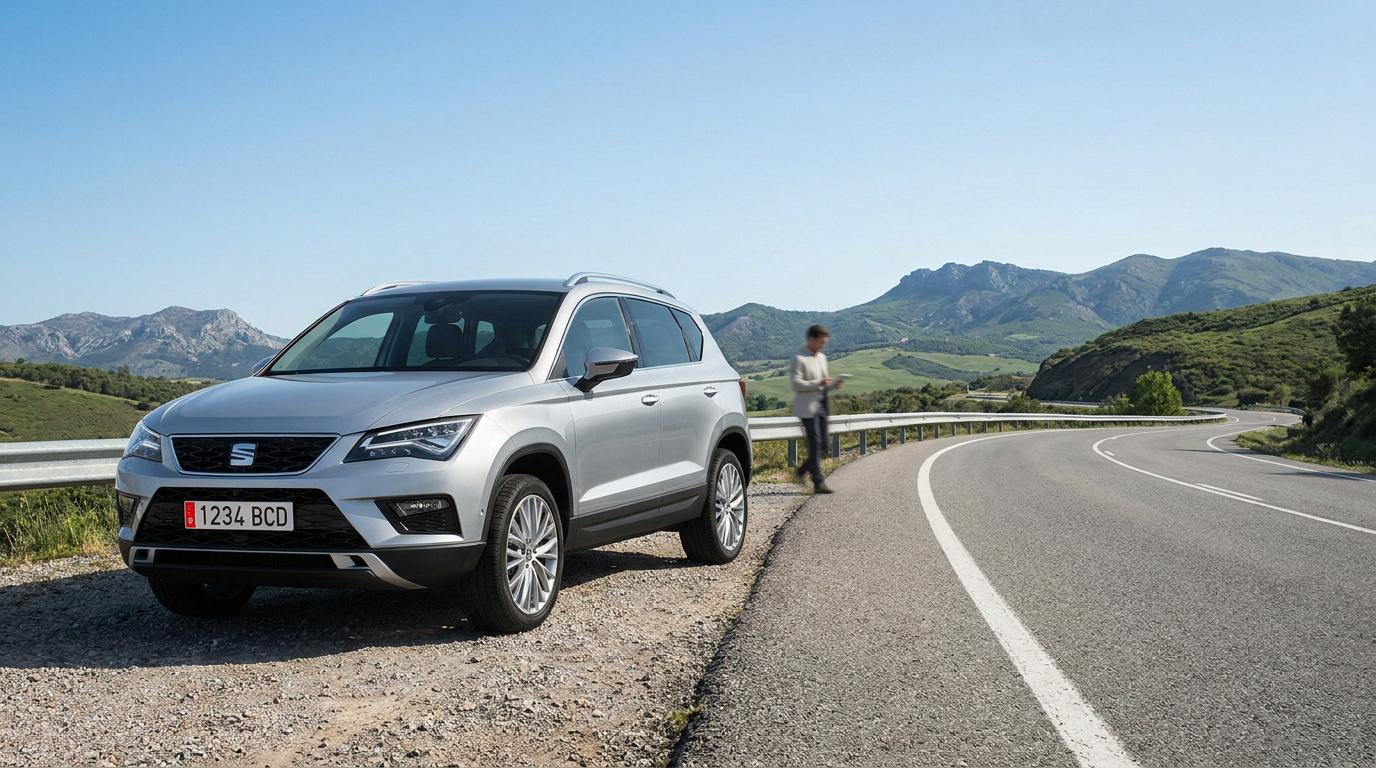 Un SUV Seat gris stationné sur le bas-côté d'une route de campagne espagnole avec un homme à l'arrière-plan.