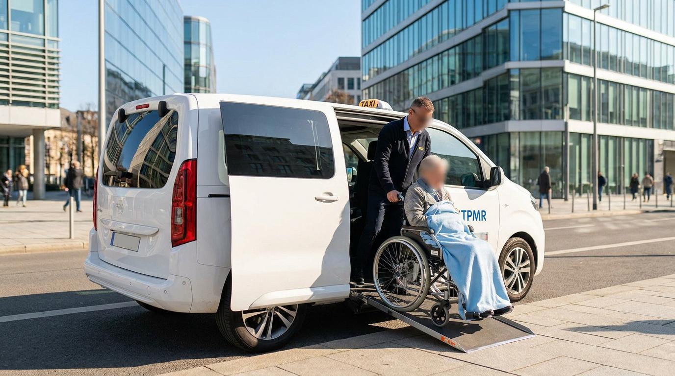 Chauffeur de taxi TPMR aidant une personne en fauteuil roulant à descendre d'un véhicule adapté via une rampe.