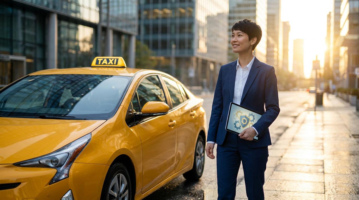 Une chauffeuse de taxi en costume tenant une tablette avec un logo de protection devant son véhicule jaune.