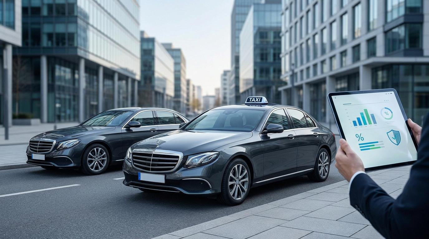 Une personne tient une tablette affichant des données financières devant deux taxis Mercedes dans une rue d'affaires.