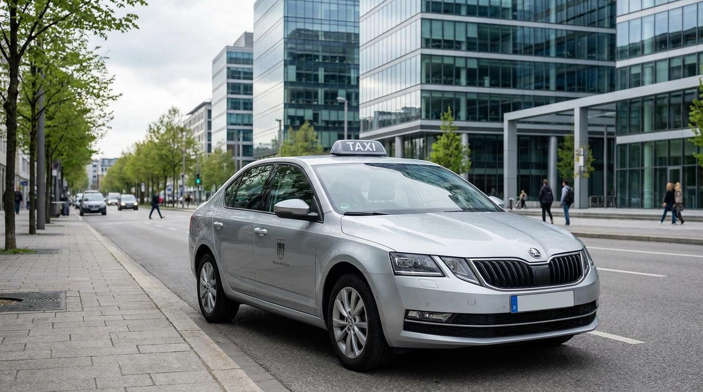 Un taxi Skoda Octavia argenté stationné sur le bord d'une route urbaine avec des bâtiments de bureaux en arrière-plan.
