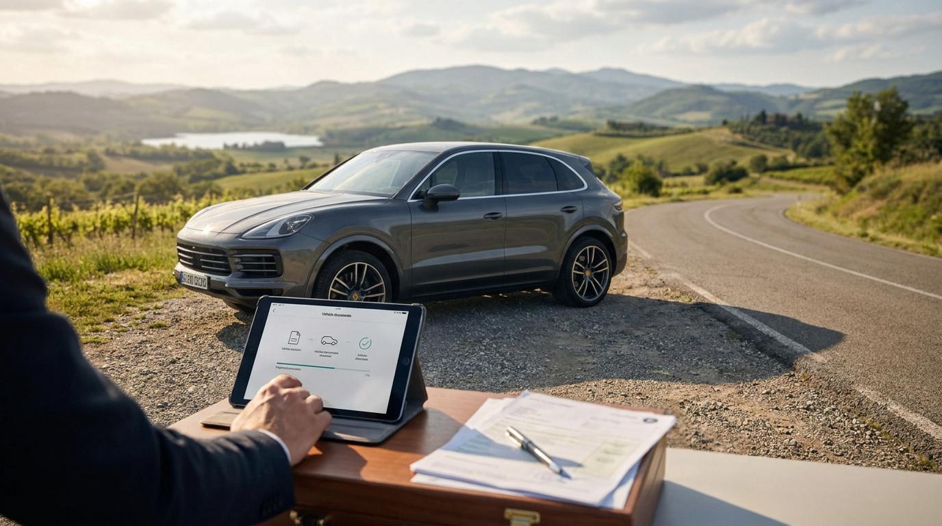 Une personne utilise une tablette pour gérer les documents d'un SUV gris garé au bord d'une route panoramique.