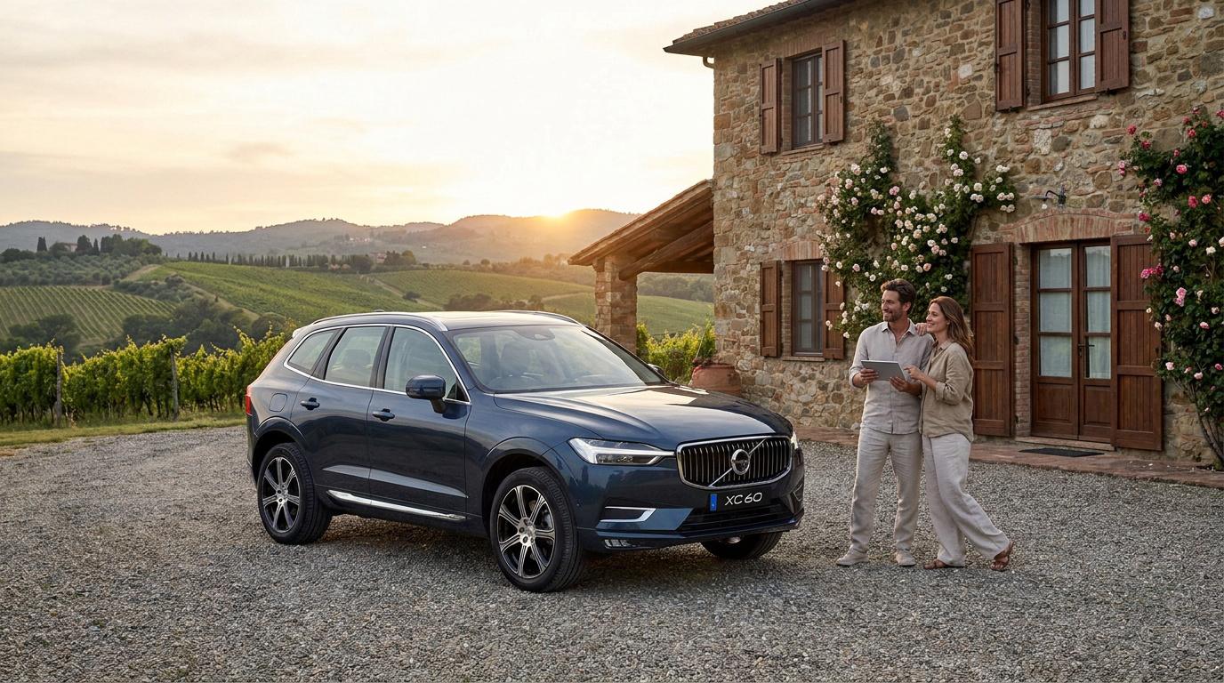 Un couple regarde une tablette devant un SUV Volvo XC60 bleu stationné devant une villa en pierre en Italie.