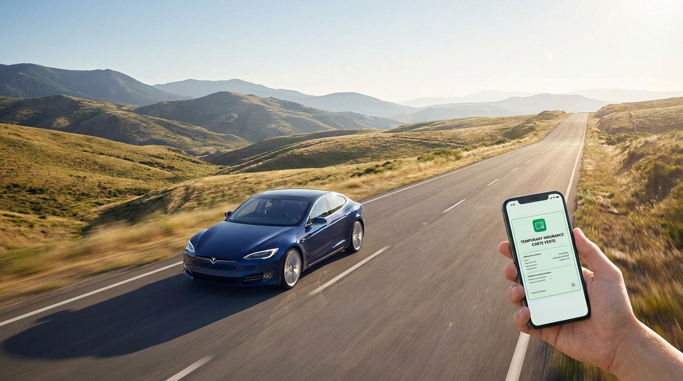 Une main tient un smartphone affichant une assurance temporaire devant une Tesla bleue roulant sur une route de montagne.