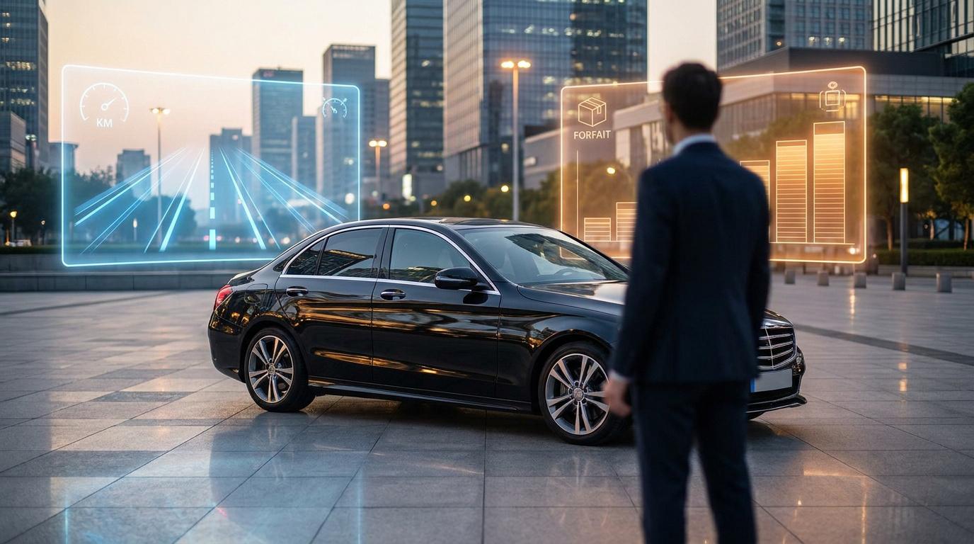 Chauffeur VTC observant des données numériques sur le kilométrage et les forfaits devant une voiture de luxe en ville.