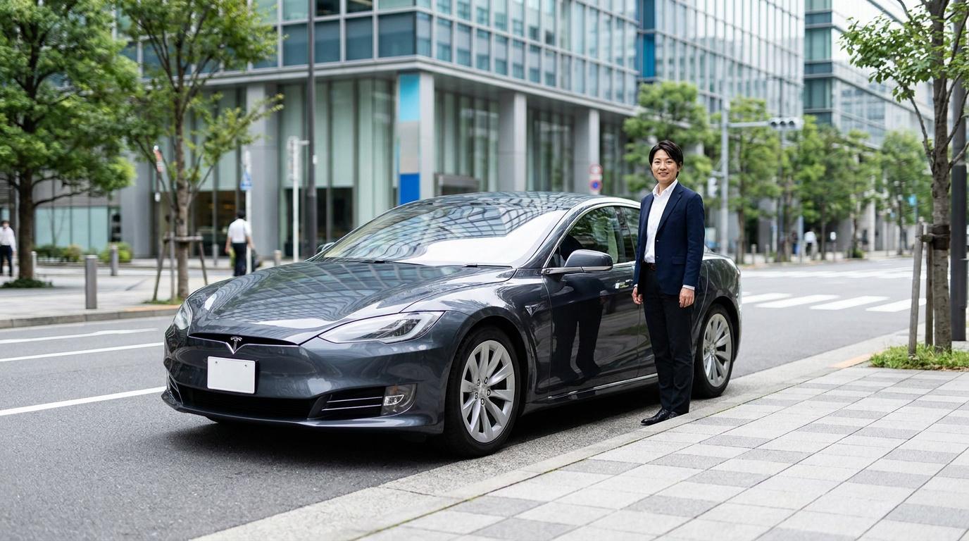 Un chauffeur VTC en costume se tient à côté d'une Tesla grise garée en ville.