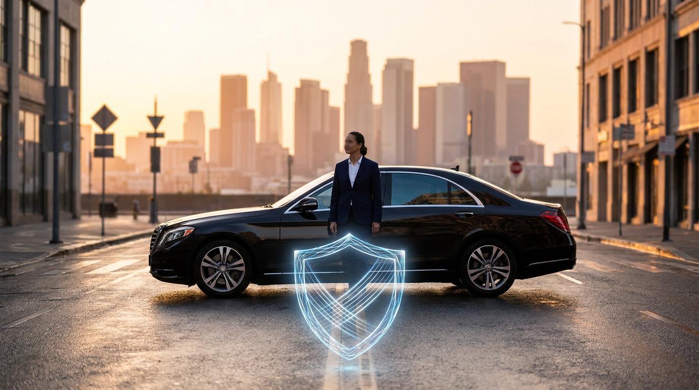 Un chauffeur VTC devant une berline noire avec un bouclier numérique symbolisant la protection de l'assurance.