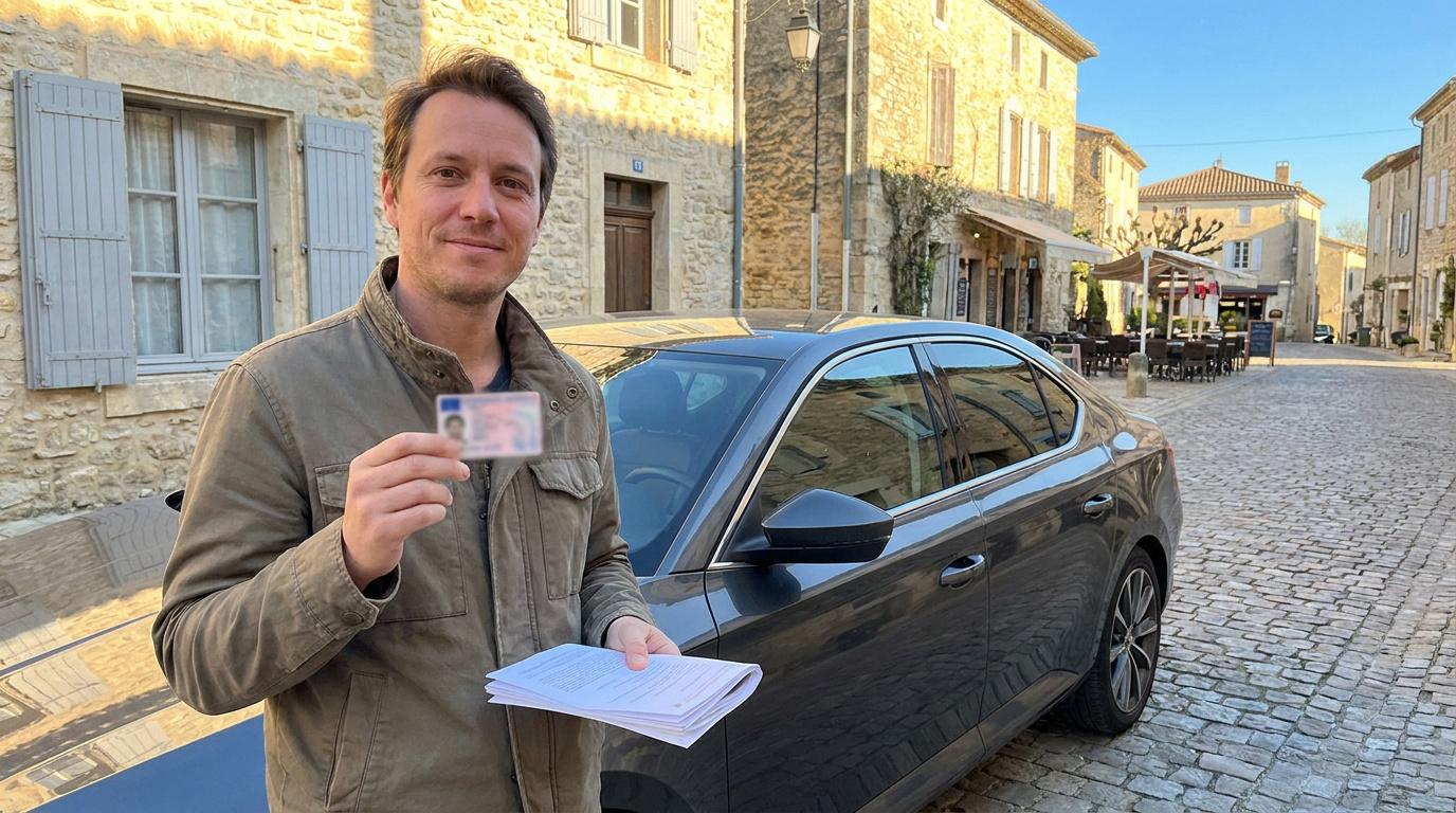 Un homme souriant tenant son permis de conduire devant sa voiture dans un village français pittoresque.